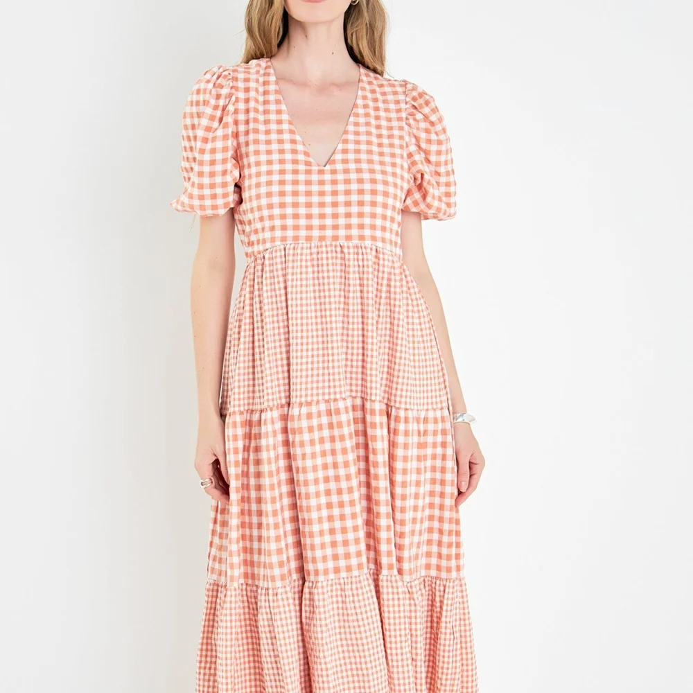 Gingham Puff Sleeve Midi Dress - Pink - Picture 5 of 5